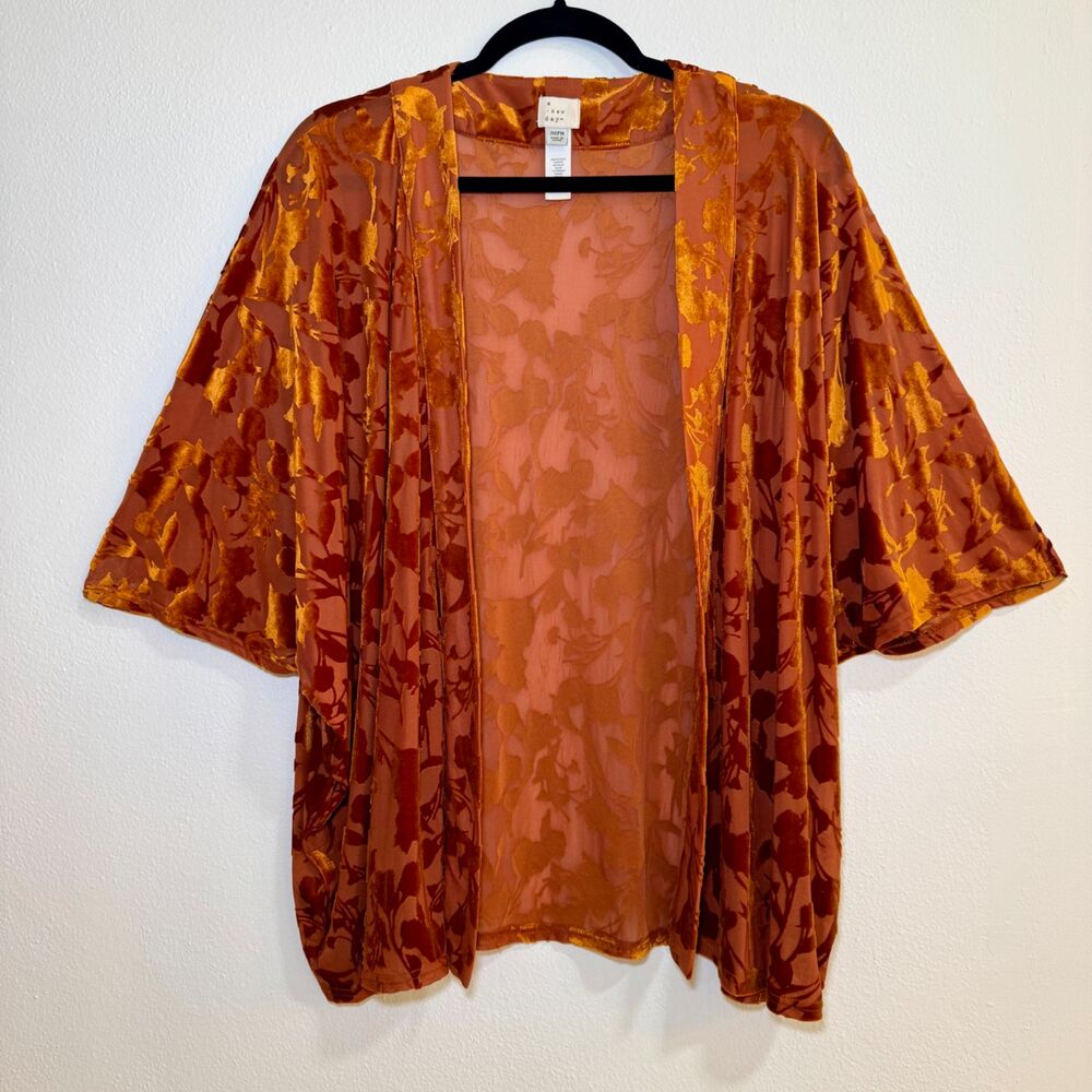 A New Day Women’s Burnt Orange Velvet Burnout Floral Kimono OSFM